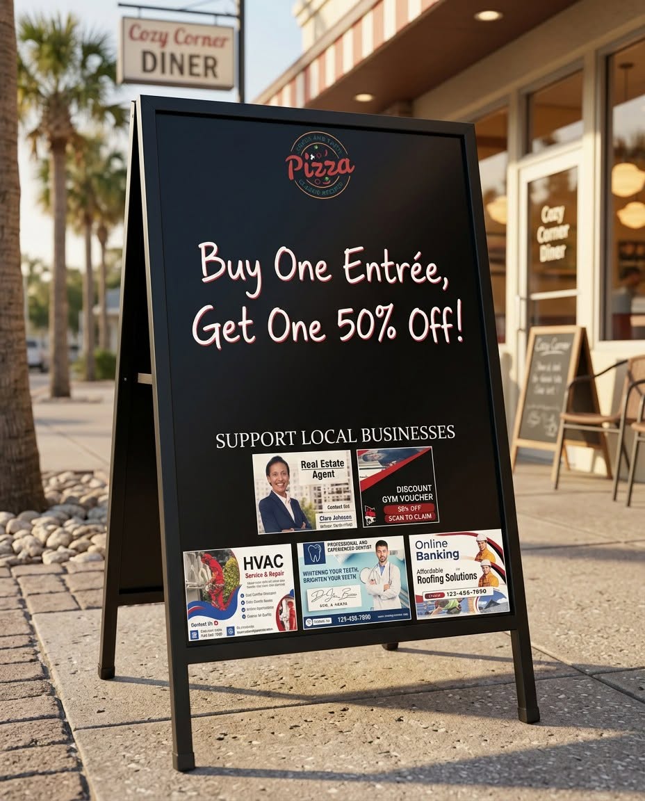 Community Board concept preview installed outside a local diner
